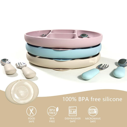 Divided Food Feeding Bowl Silicone Baby Dishes Kid Dinner Suction Baby Silicone Tableware Plate Bowl Spoon Fork Set BPA Free Non Toxic Eco Friendl...