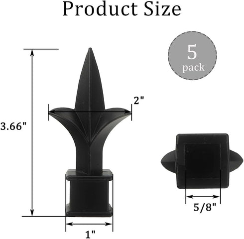 5Pcs Fence Finials,Fits 5/8"Iron Picket-Waterproof Aluminium Alloy Black Trident Spear Finial Fence Topper for Yard Garden Lawn Iron Picket Fence ...