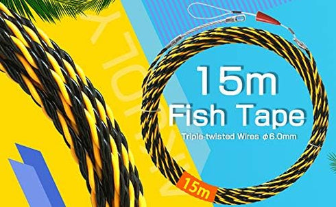 Fish Tape 49FT Wire Fishing Tools 6.0mm Diameter 3 Wires Twisted with Guide Spring, Ideal for Wire Fishing Black and Yellow 15m...