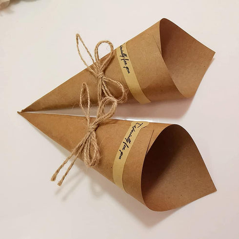 50Pcs Kraft Paper Cones Bouquet Wrapping Paper Cones Wedding Confetti Candy Gift Flower Paper Cones Holder with Hemp Ropes for DIY Wedding Table D...