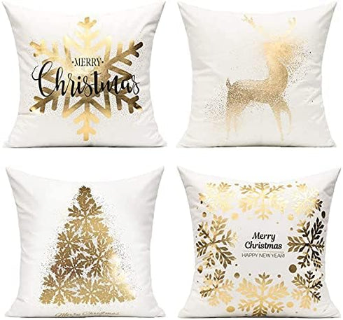 All Smiles Christmas Throw Pillow Covers Cases 16X16 Set of 4 White Gold Decorations Winter Xmas Indoor Home Holiday Décor Velvet Navidad Cushion ...