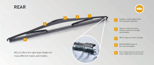 Hella OE Quality 16 Inch All Seasons Streak-Free Rubber Rear Wiper Blade fit select Acura Chrysler Dodge Honda Hyundai Lexus Subaru Toyota / 9XW39...