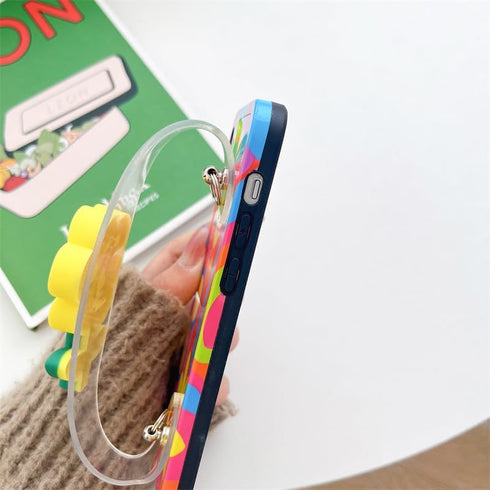 Lanyard Case Compatible with iPhone 13 Pro Max Case,Crossbody case with Strap and Wrist Band Kickstand, Unique Cute Kawaii Colorful Painting Flowe...