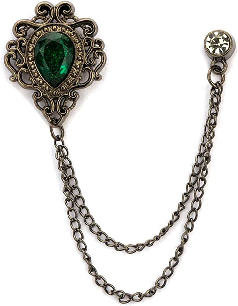 Knighthood Shimmer Stone With Gun Metal Engraving Stone Detailing and Hanging Tassel Chain Collar Pin Brooch, Suit Stud, Shirt Studs, Lapel Pin Ac...