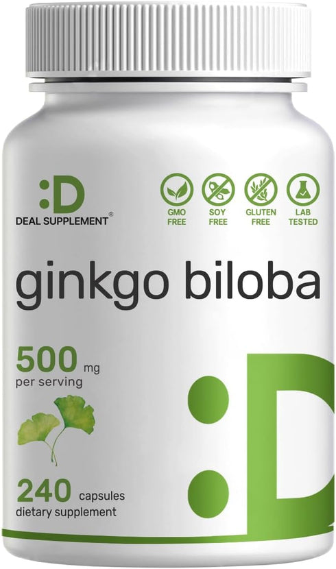 DEAL SUPPLEMENT Ginkgo Biloba 500mg Per Serving, 240 Capsules, 4 Month Supply – Grown in Northern Asia – Extra Strength, Promotes Brain Function...
