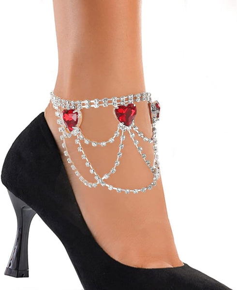 ELABEST Rhinestone Ankle Bracelets Heart Anklet Crystal Tassel Anklet 2pcs Layered Ankle Bracelets Boho High-heeled Tennis Foot Chain Wedding Jewe...