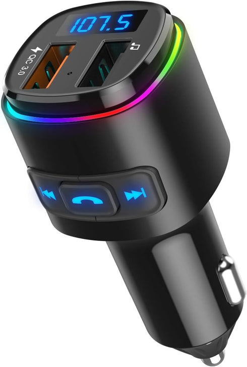Upgraded Criacr V5.0 Bluetooth FM Transmitter for Car, QC3.0 Charge & 7 RGB Color LED Backlit Wireless FM Radio Car Adapter, Support Siri Google A...
