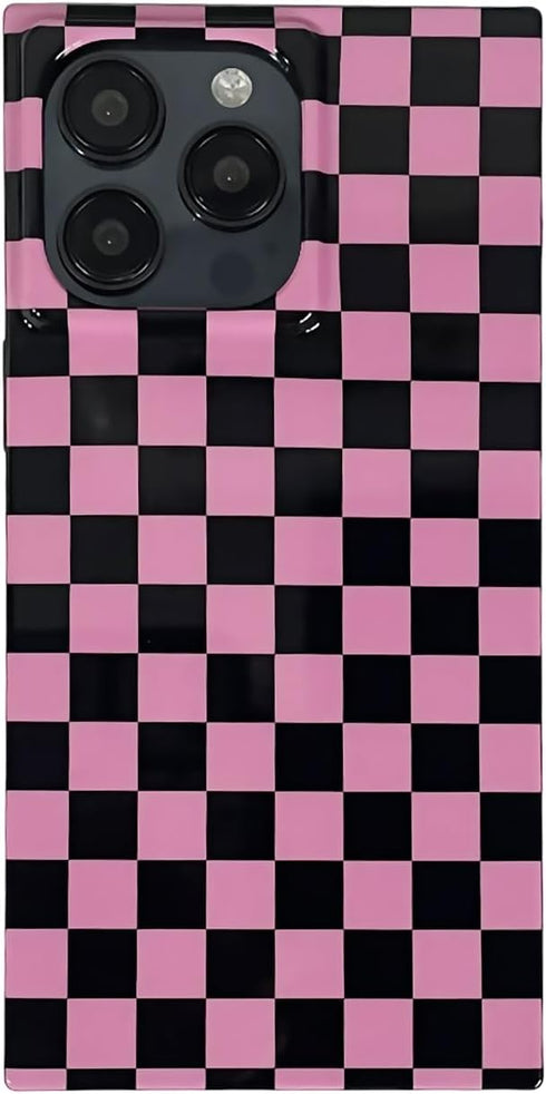 Rectangle Pink Checkered Phone Case for iPhone 15 Pro (6.1in) Cute Checkerboard Checker Flag Print Glossy Slim Trendy Rectangled Edge Strong Shock...