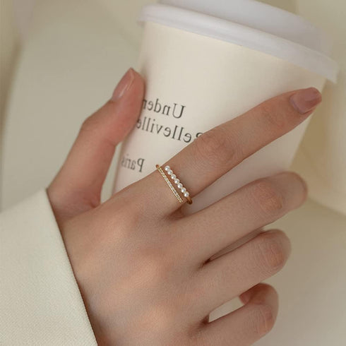 Elegant Pearl Open Stacking Ring Sterling Silver S925 Yellow Gold Crystal CZ Eternity Engagement Statement Rings Wrap Tail Finger Band for Women G...