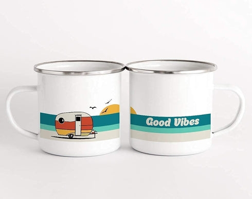 Good Vibes Retro Camper Enamel Mug, Camping Coffee Mug, Beach Surf Lover Gift, Camp Outdoor Mug (12oz)...