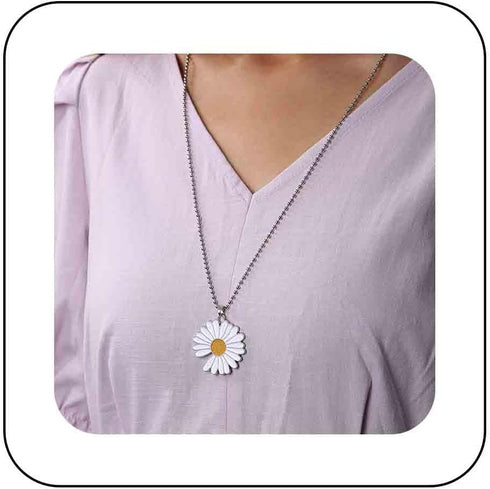 Bohemia Long Daisy Pendant Necklace Enamel Flower Necklace White Daisy Chain Necklace Silver Ball Chain Necklace Large Sunflower Necklace Jewelry ...