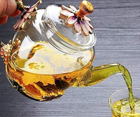 Teabloom Teapot Glass Blooming Tea Teapot for Women Blue Rose Floral Glass Teabloom Teapot with Gold for Mom Friend Christmas Birthday Anniversary...