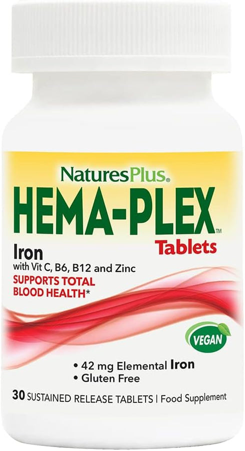 Natures Plus Hema-Plex Iron - 30 Slow-Release Tablets - 85 mg Elemental Iron + Vitamin C & Bioflavonoids for Healthy Red Blood Cells - Vegan, Glut...
