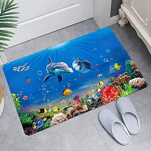 Blue Dolphin Ocean Print 17MM Thick Memory Foam Bathroom Carpet Mat Non-Slip Absorbent Super Bath Mats Comfortable Flannel Bathroom Bed Rug 35 X 2...