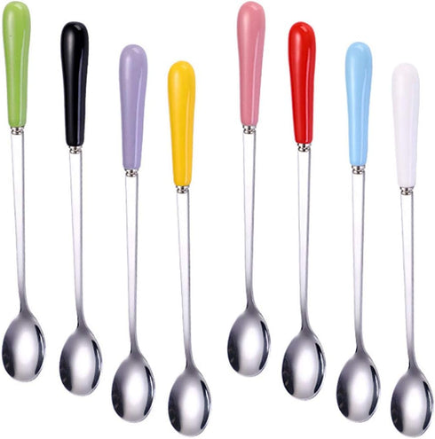 Mixing Spoons Set of 8, Stainless Steel Iced Teaspoons with Ceramic Handle 7.6-Inch Long Soup Tablespoons Espresso Coffee Spoons Candy-Colored, Mi...