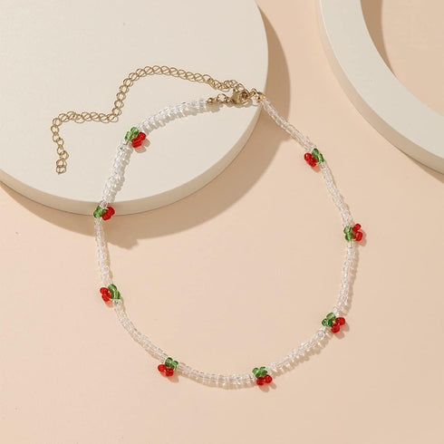 Beaded Cherry Choker Necklace for Women Boho Transparent Beads Cute Shiny Choker...