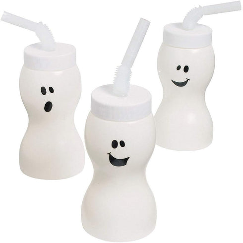 Fun Express Set of 12 Pieces Ghost Shape Cups with Straw for Halloween, Holds 8 oz, BPA Free Plastic, Kids Party Supplies, White...