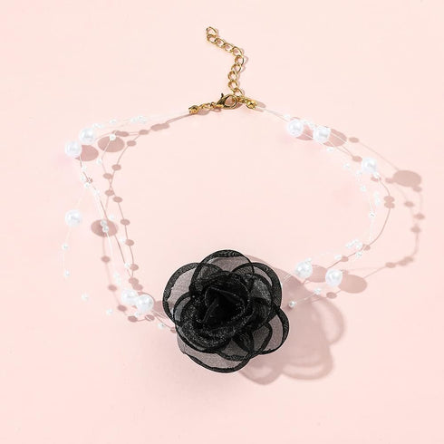 Camellia Rose Flower Choker Necklace Vintage Artificial Pearl Necklace for Women, Elegance Neck Accessories Wedding Party Necklaces Summer Necklac...