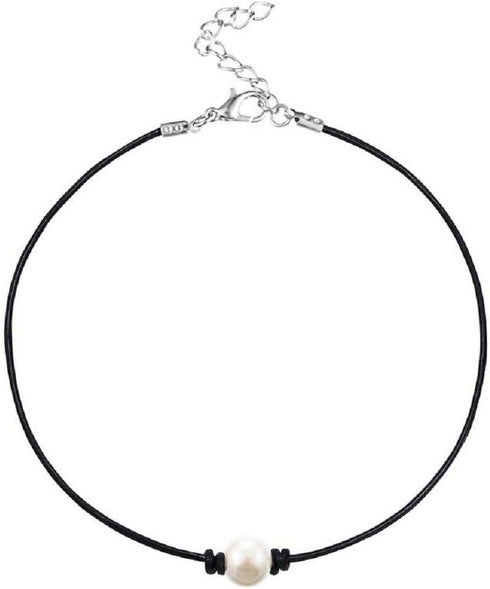 MJartoria Black PU Leather Cord Faux Pearl Choker Necklace...