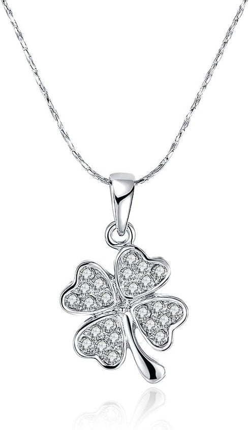 Platinum plated Four Leaf Clover Pendant Necklace, Heart Leaves Paved with Cubic Zirconium Diamond Gift for Women Girls 18"+2" extension chain...