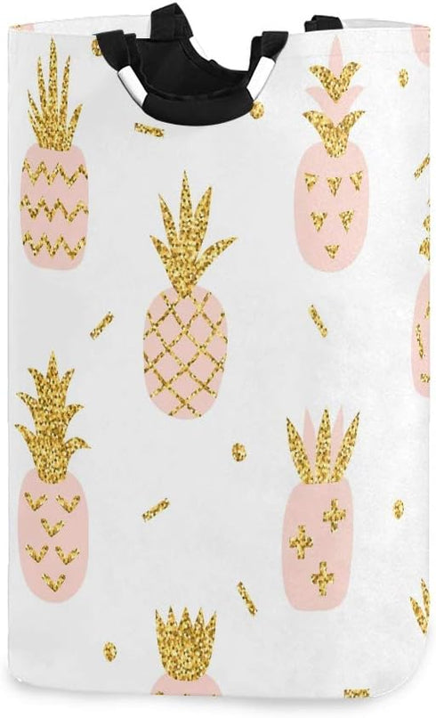 senya Pink Pineapple with Gold Glitter Large Storage Basket with Handles Collapsible Organizer Bin Laundry Hamper for Nursery Clothes Toys...