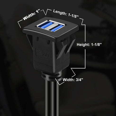 BATIGE Dual Ports Square USB 3.0 Panel Flush Mount Extension Cable with Buckle for Car Truck Boat Motorcycle Dashboard 1ft...