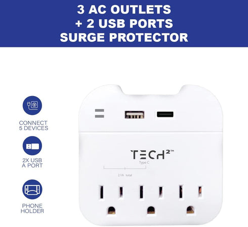 Tech2 3-Outlet Surge Protector Power Strip with 2 USB Charging Ports, ETL Certified Adapter for Home, School, or Office......