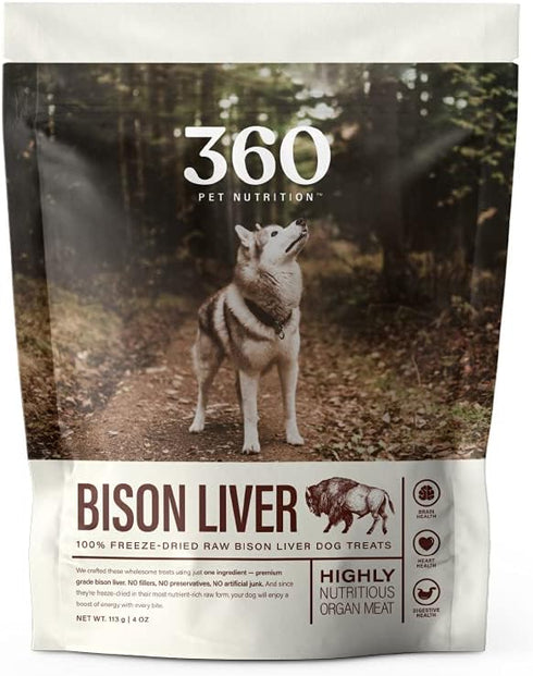 360 Pet Nutrition Freeze Dried Bison Liver Raw Single Ingredient Treats, Made in The USA, 4 Ounce (Bison Liver)...
