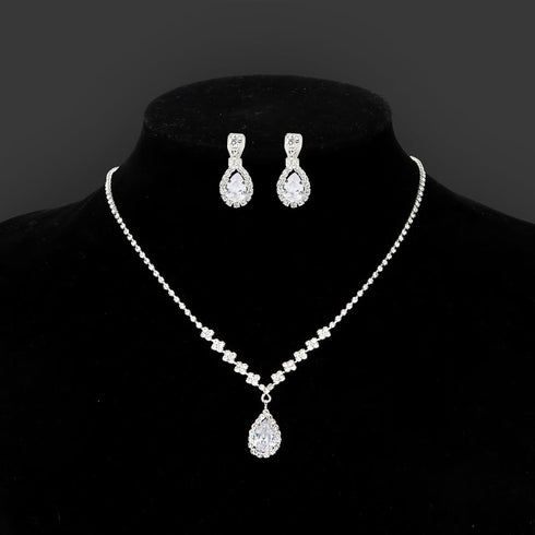 CIEHER Silver 2/3 Pieces Women Jewelry Set - Drop Necklace + Crystal Teardrop Dangle Earring Clips, Crystal Clip On Earrings Silver Non Pierced fo...