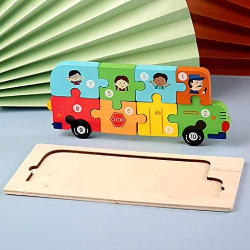 Wooden 'Bus' 3D Jigsaw Puzzle for Kids, Animal Number Block Puzzles for Toddlers, Educational Learning Montessori Toys for Boys and Girls (Bus)...