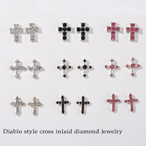 Crystal Cross Nail Charms - y2k Nail Crystal Cross Charms - Silver Crystal Cross Nail Art, 3D Pink Nail Cross Charms for DIY Designs Supplies...