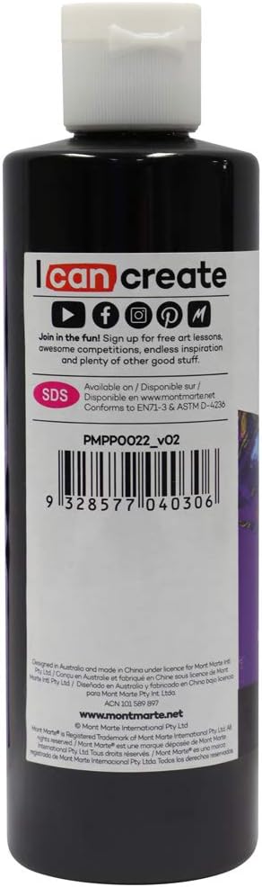 Mont Marte Premium Pouring Acrylic Paint, 240ml (8.11oz), Lamp Black, Pre-Mixed Acrylic Paint, Suitable for a Variety of Surfaces Including Stretc...