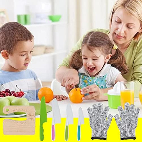 6pcs Kids Wooden and Plastic Knife Set, Kids Safe Knife with Wood Kids Knife Resistant Gloves Cooking Knives Serrated Edges Toddler Knife Kids Pla...