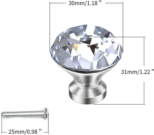 MroMax 5Pcs Crystal Glass Dresser Knobs 30mm Diamond Shaped Pull Handles with Silver Zinc Alloy Base for Cupboard Drawer Dresser Kitchen Cabinet B...