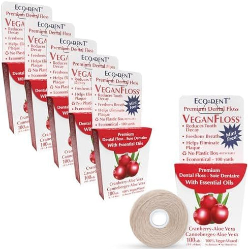 Eco-Dent VeganFloss Dental Floss, Waxed, Cranberry-Aloe - Floss with Vegan Plant-Based Wax, Recyclable Cardboard Packaging, 100 Yds (Pack of 6)...