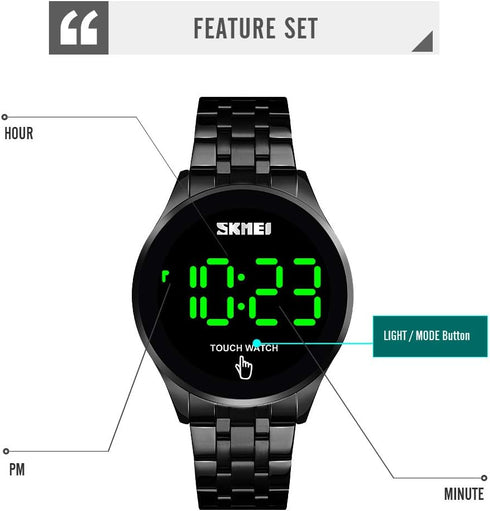 Touch Screen Digital LED Watch Green Highlight Backlight Stainless Steel WatchBand Waterproof Casual Sport Mens Womens Boys Watch...