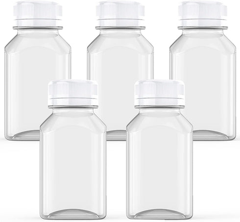 Axe Sickle 5 Pcs 8 Ounce Juice Bottles Plastic Milk Bottles Bulk Beverage Containers with Tamper Evident Caps Lids White for Milk, Juice, Drinks a...