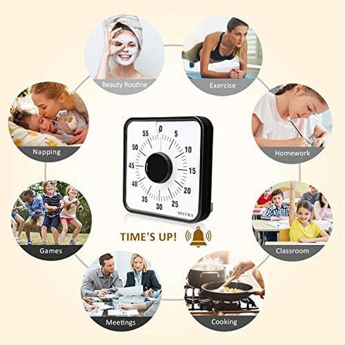 Secura 60-Minute Visual Countdown Timer, 7.5-Inch Oversize Classroom Visual Timer for Kids and Adults, Durable Mechanical Kitchen Timer Clock with...