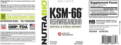 NutraBio Ashwagandha KSM-66 Herbal Supplement for Better Overall Well being, 600mg - 60 Vegetable Capsules...