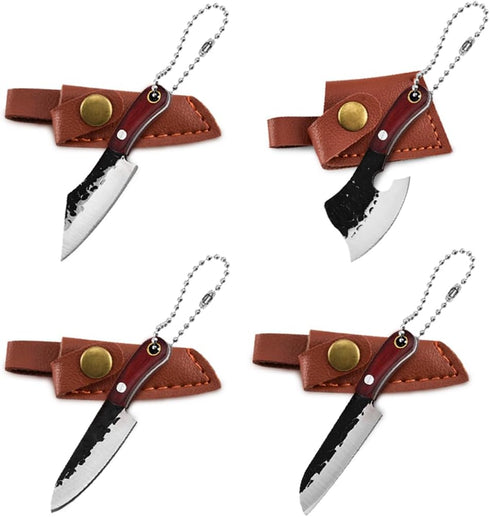 4pcs Pocket Knife Set Mini Chef Cleaver Knife with Leather Sheaths and Iron Case for Box Cutter, Cutting Fruits and Necklace Pendant Decor...