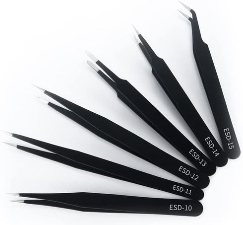 Precision Tweezers Set - 6PCS Anti Static ESD Industrial Tweezers Kit Matte Black, Fits for Electronics Repair, Soldering, Craft, Laboratory Work...