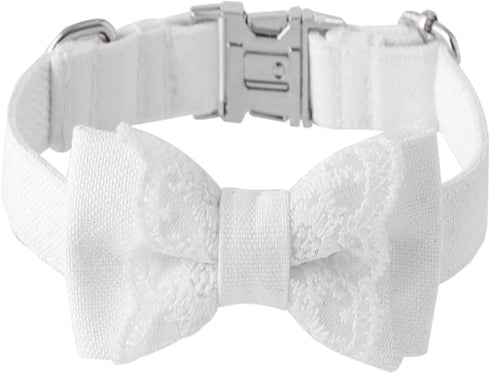 Unique Wedding Dog Collar Bow Tie, White Cotton Dog Collar with Adjustable Metal Buckle,Suitable for Small Dogs. (Wedding S)...