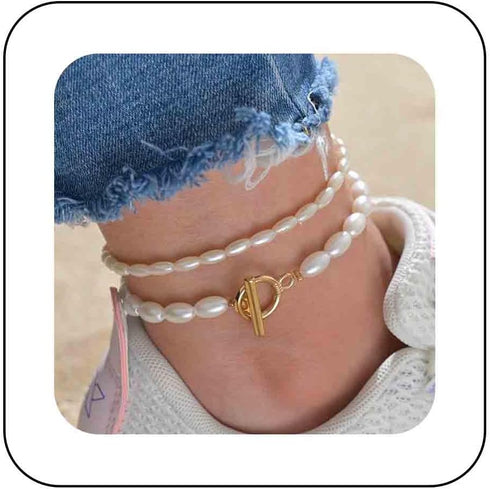 Boho Layered Pearl Ankle Bracelet White Pearl Toggle Ankle Bracelet Vintage T Bar Anklet Bracelet Baroque Pearl Foot Chain Jewelry for Women...