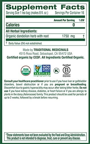 Traditional Medicinals Organic Dandelion Leaf & Root Herbal Tea, Supports Kidney Function & Healthy Digestion, (Pack of 2) - 32 Tea Bags Total...