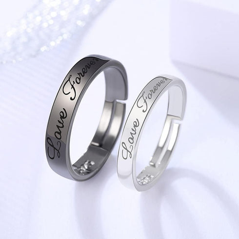 Matching Promise Rings for Couples Love Forever Wedding Bands Sets for Him and Her Black White Sterling Silver Plated Open Adjustable Stackable Ri...