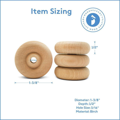 Woodpeckers- Classic Wooden Craft Toy Wheels 1.5" X 1/2" Axle Hole 24 Pack...