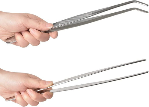 2 Pcs 12 Inch Silver Long Handle Stainless Steel Straight and Curved Tweezers Nippers, Set with Serrated Tips Comfortable Ridged Handle for Garden...