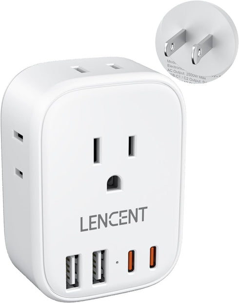 LENCENT 3 to 2 Prong Outlet Adapter, 2 Prong Outlet Extender, Wall Tap Plug Splitter with 4 AC Outlets 4 USB Charger Cube(2 USB C), Polarized Plug...