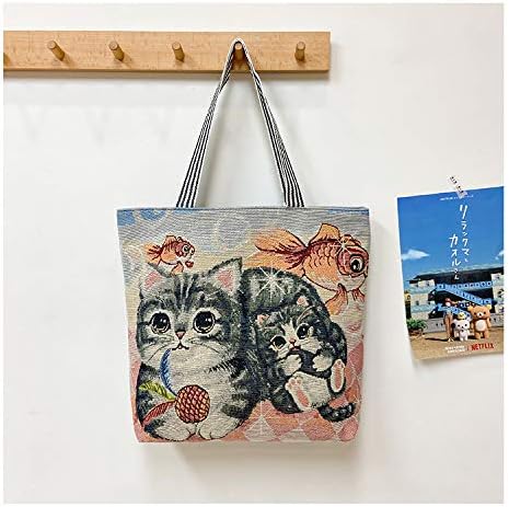 Women Canvas Cat Tote Bag Cat Print Bag Cat Graphic Shoulder Bag Hobo Crossbody Handbag Casual...