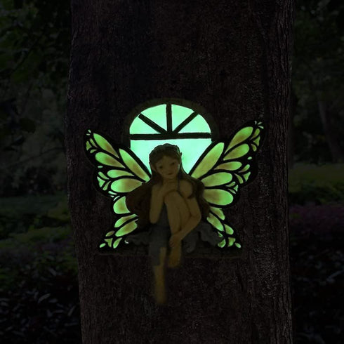 Fairy Out The Window Tree Hugger Garden Statue, Glow in The Dark Resin Fairy Figurine Wall Art Sculpture Outdoor Tree Faces Decor for Patio Lawn Y...